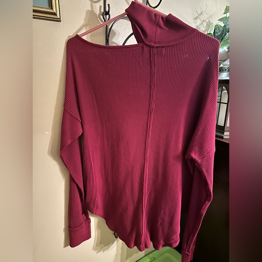 NWT Free People Just For You Cutout Shoulder Mock Neck Thermal Top, Wine, L - Picture 5 of 7
